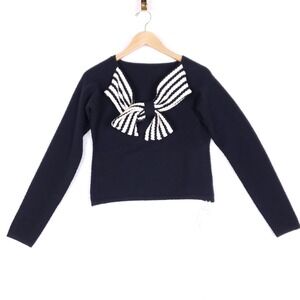 Commense Black Sweater Striped Bow Front Pullover Size M Statement Knit